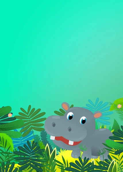 Cartoon wild animal happy young hippo  hippopotamus with other animal friend in the jungle isolated illustration for kids