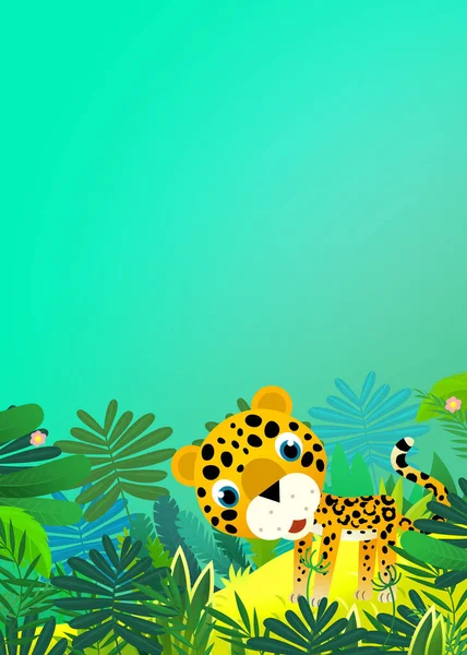 Мультфильм Сцена Счастливым Тропическим Животным Ягуар Гепард Джунглях Иллюстрация Детей — стоковое фото