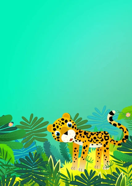 Kreskówka Scena Szczęśliwy Tropikalny Zwierzę Kot Jaguar Gepard Dżungli Ilustracja — Zdjęcie stockowe