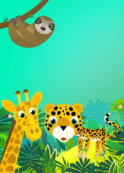 子供のためのジャングルのイラストで幸せな熱帯動物の猫ジャガーチーターと漫画のシーン — ストック写真