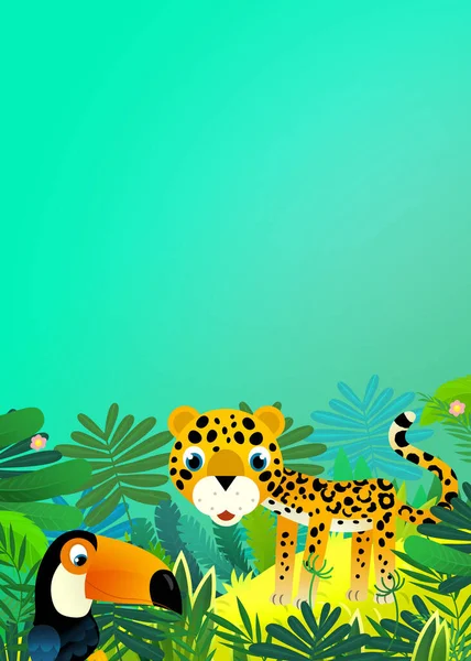 Мультфильм Сцена Счастливым Тропическим Животным Ягуар Гепард Джунглях Иллюстрация Детей — стоковое фото