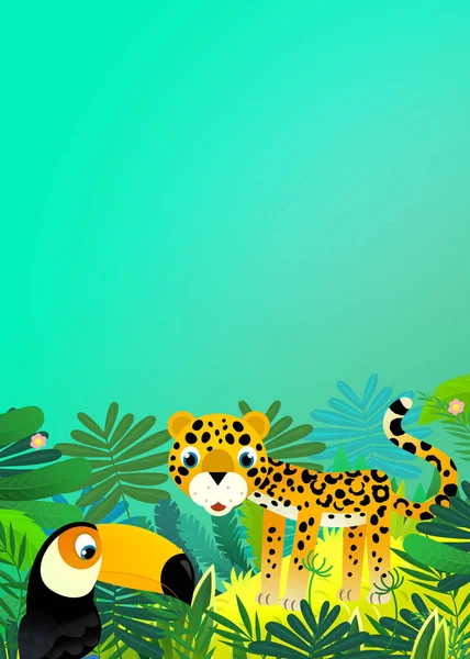 与快乐的热带动物猫美洲豹在丛林里的卡通片场景为孩子们展示 — 图库照片