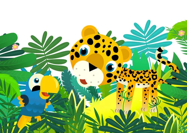 幸せな熱帯動物の猫ジャガーチーターと漫画シーン ジャングルで孤立した子供のためのイラスト — ストック写真