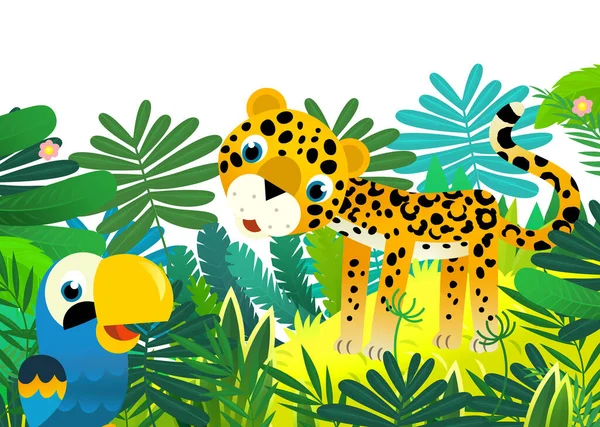 cartoon scene with happy tropical animal cat jaguar cheetah in the jungle isolated illustration for kids