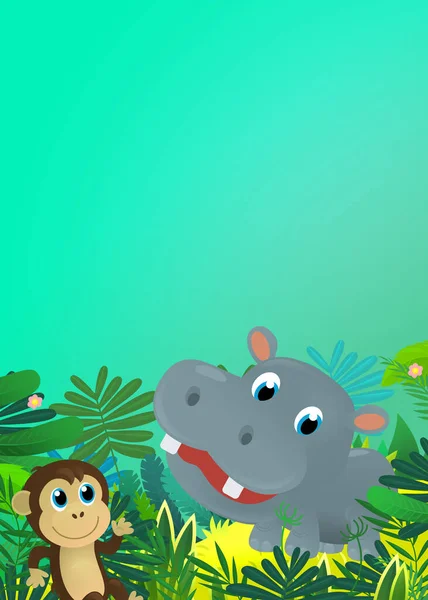 Kreskówka Dzikie Zwierzę Szczęśliwy Młody Hipopotam Hipopotam Innym Przyjacielem Zwierząt — Zdjęcie stockowe