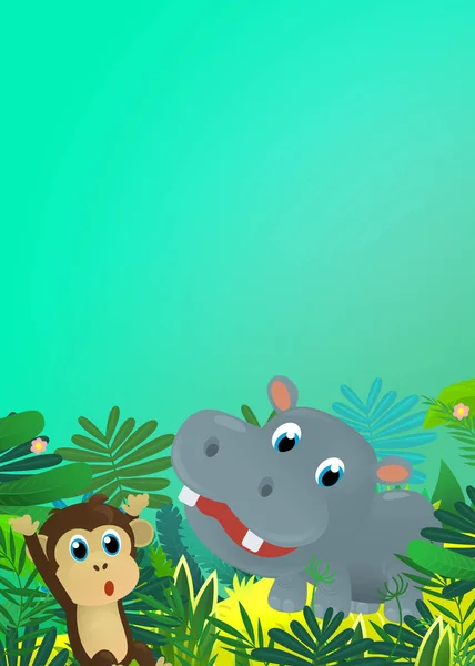 漫画の野生動物幸せな若いヒップポットは ジャングルで他の動物の友人と子供のための単離されたイラスト — ストック写真