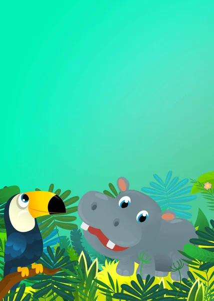 Kreskówka Dzikie Zwierzę Szczęśliwy Młody Hipopotam Hipopotam Innym Przyjacielem Zwierząt — Zdjęcie stockowe
