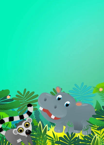 漫画の野生動物幸せな若いヒップポットは ジャングルで他の動物の友人と子供のための単離されたイラスト — ストック写真
