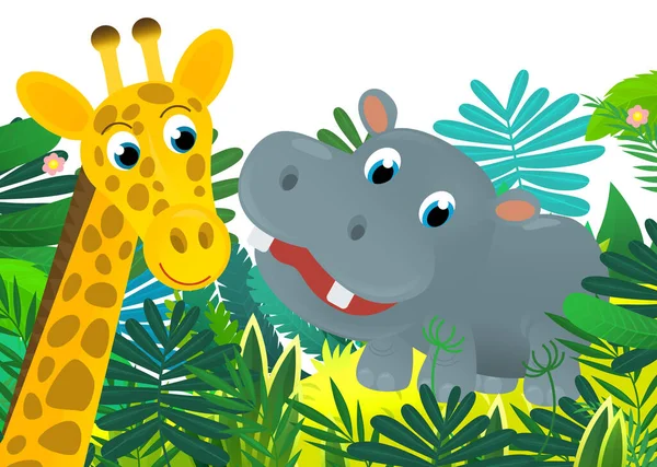 卡通画野生动物快乐的幼小河马在丛林中为孩子们做了一个孤立的例证 — 图库照片