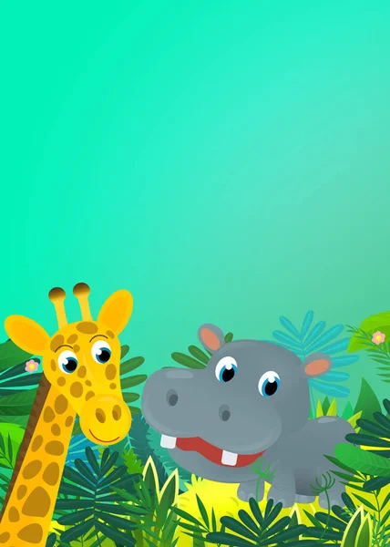 Cartoon wild animal happy young hippo  hippopotamus with other animal friend in the jungle isolated illustration for kids