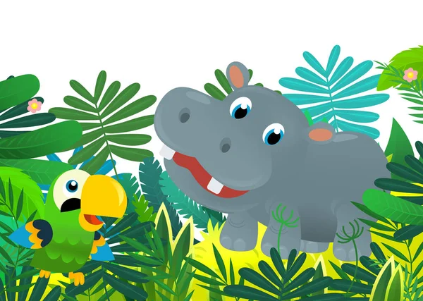 Cartoon wild animal happy young hippo  hippopotamus in the jungle isolated illustration for kids