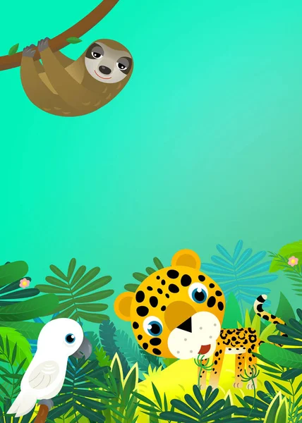 子供のためのジャングルのイラストで幸せな熱帯動物の猫ジャガーチーターと漫画のシーン — ストック写真