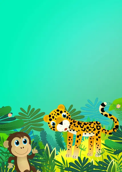 Tecknad Scen Med Glada Tropiska Djur Katt Jaguar Gepard Djungeln — Stockfoto