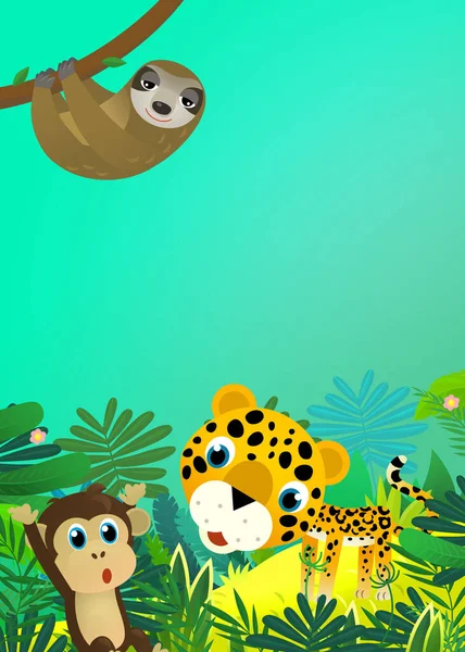 与快乐的热带动物猫美洲豹在丛林里的卡通片场景为孩子们展示 — 图库照片