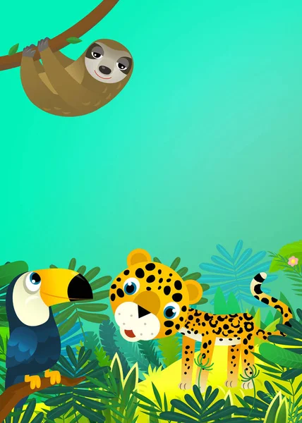 cartoon scene with happy tropical animal cat jaguar cheetah in the jungle illustration for kids