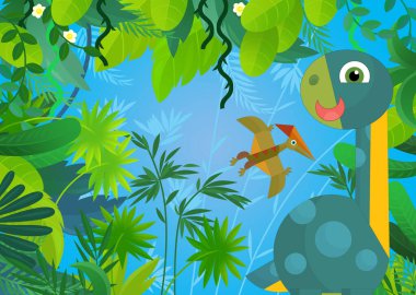 Çocuklar için orman illüstrasyonunda yaşayan mutlu tarih öncesi dinozorun olduğu çizgi film sahnesi.