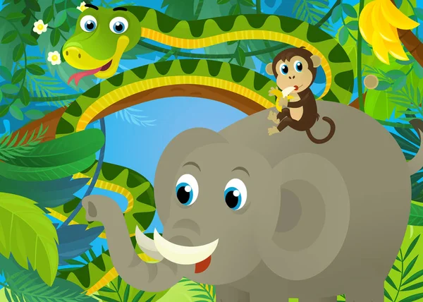 Escena Dibujos Animados Con Animales Selva Estar Juntos Elefante Serpiente —  Fotos de Stock