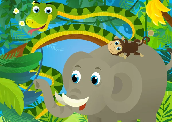 Rajzfilm Jelenet Dzsungel Állatok Együtt Kígyó Elefánt Más Illusztráció Gyerekeknek — Stock Fotó