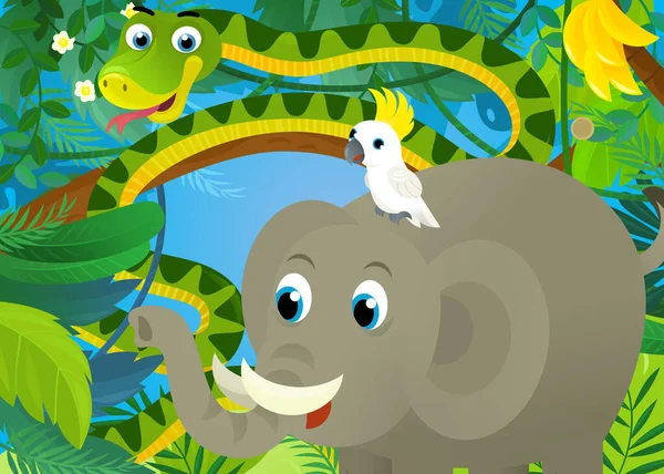 cartoon scene with jungle animals being together snake elephant and other illustration for kids