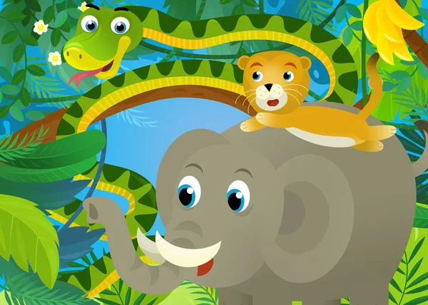 Σκηνή Κινουμένων Σχεδίων Ζώα Ζούγκλα Είναι Μαζί Ελέφαντα Φίδι Και — Φωτογραφία Αρχείου