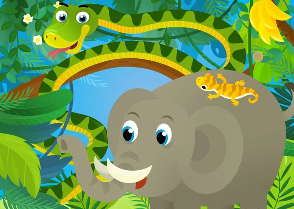 ジャングル動物と漫画のシーンが一緒に蛇の象や子供のための他のイラスト — ストック写真