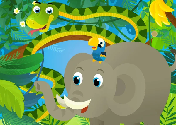 cartoon scene with jungle animals being together snake elephant and other illustration for kids