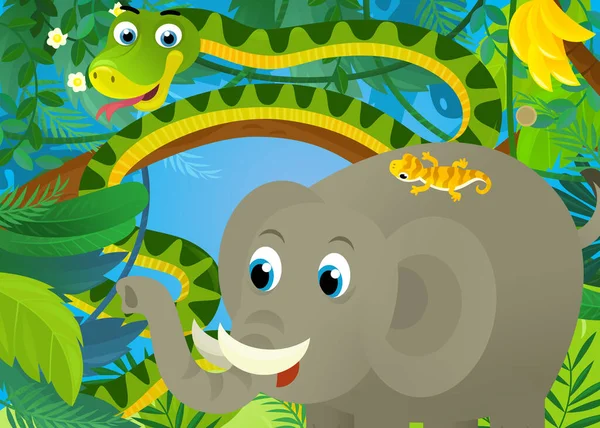 Rajzfilm Jelenet Dzsungel Állatok Együtt Kígyó Elefánt Más Illusztráció Gyerekeknek — Stock Fotó