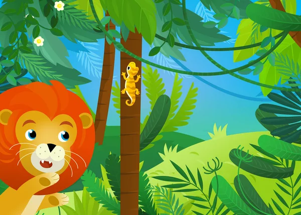 cartoon scene with animals being together in the jungle or forest zoo  illustration for kids