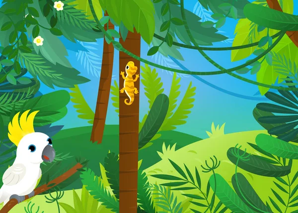 动物聚集在丛林或森林动物园里的卡通片 供孩子们参考 — 图库照片