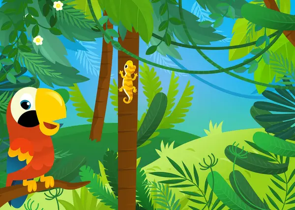 子供のためのジャングルや森林動物園のイラストで一緒にいる動物との漫画のシーン — ストック写真