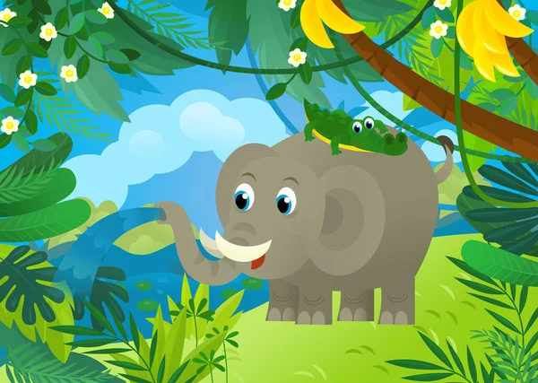 cartoon scene with elephant spilling water with other jungle animals friends being together illustration for kids