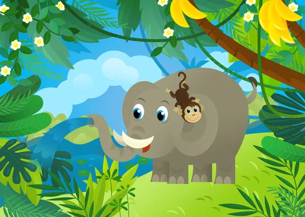 与其他丛林动物朋友在一起为孩子们做图解的卡通场景 — 图库照片