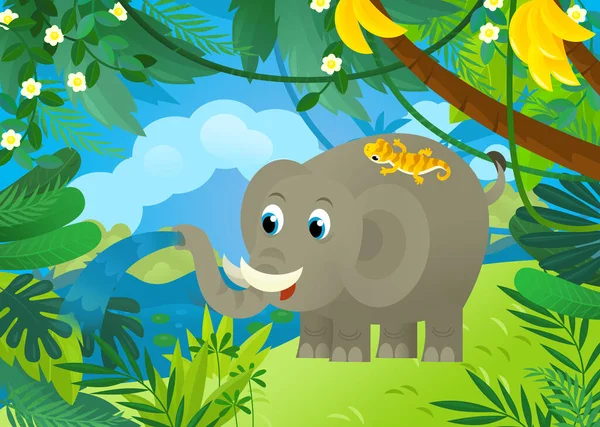 cartoon scene with elephant spilling water with other jungle animals friends being together illustration for kids