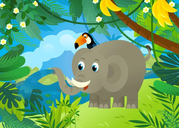 与其他丛林动物朋友在一起为孩子们做图解的卡通场景 — 图库照片