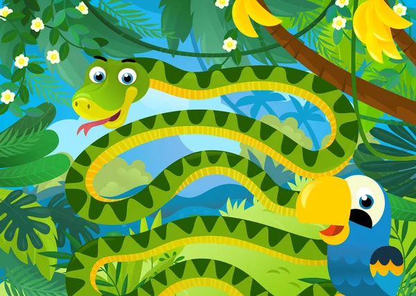 Zeichentrickszene Mit Dschungel Tieren Schlange Und Anderem Zusammensein Illustration Für — Stockfoto