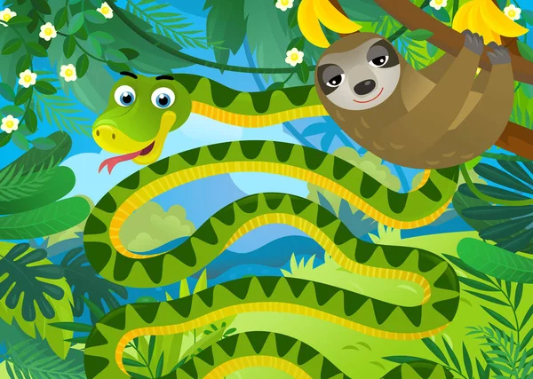 cartoon scene with jungle animals snake and other being together illustration for kids