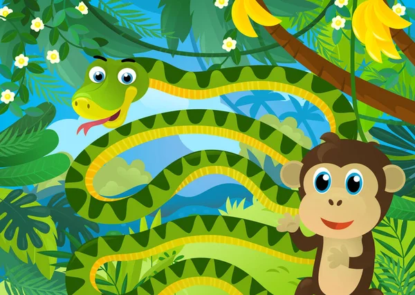 Kreslené Scény Džungle Zvířata Had Další Bytí Spolu Ilustrace Pro — Stock fotografie