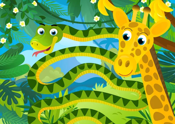 cartoon scene with jungle animals snake and other being together illustration for kids