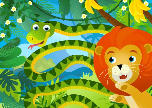 Rajzfilm Jelenet Dzsungel Állatok Kígyó Más Lény Együtt Illusztráció Gyerekeknek — Stock Fotó