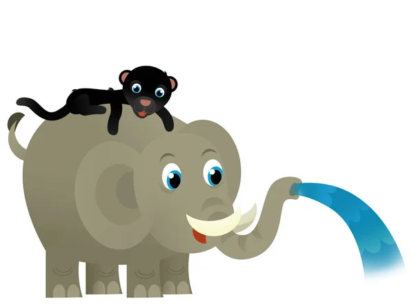 Karikatur Wilder Glücklicher Junger Elefant Der Wasser Mit Anderen Tieren — Stockfoto