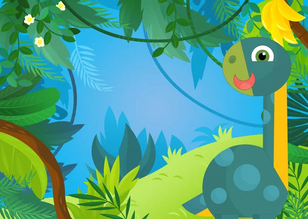 cartoon scene with happy prehistoric dinosaur living in the jungle illustration for kids