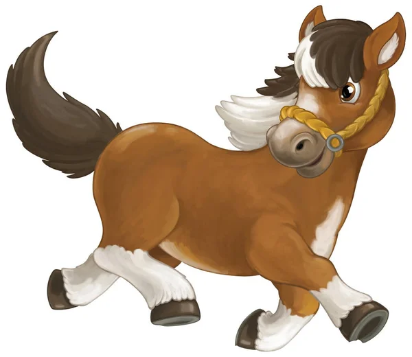 Cartoon Gelukkig Paard Loopt Jumping Glimlachen Zoek Artistieke Stijl Geïsoleerd — Stockfoto
