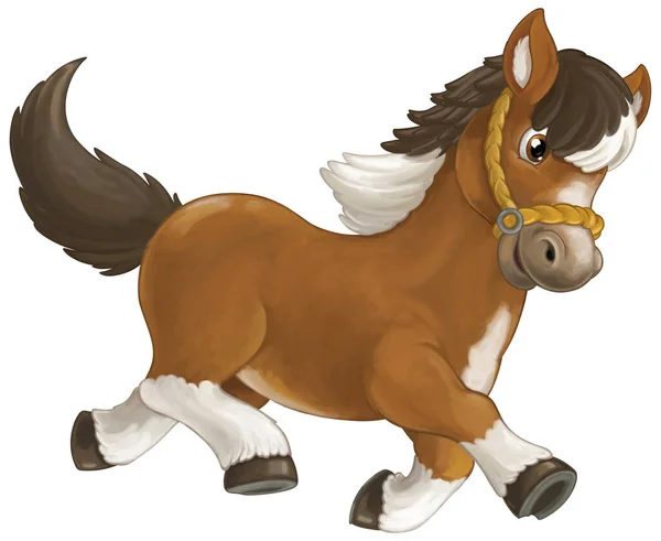 Cartoon Gelukkig Paard Loopt Jumping Glimlachen Zoek Artistieke Stijl Geïsoleerd — Stockfoto