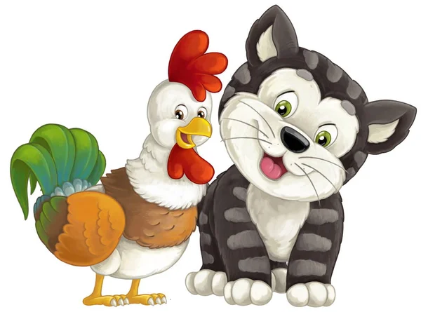 cartoon happyt farm or city domestic cat and rooster having fun isolated illustration for children