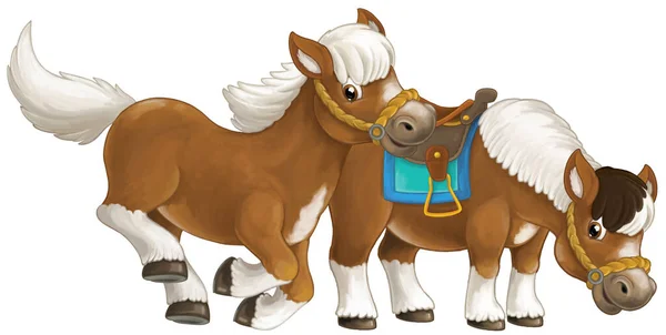 Cartoon Happy Pair Van Paarden Loopt Springen Glimlachen Kijken Artistieke — Stockfoto