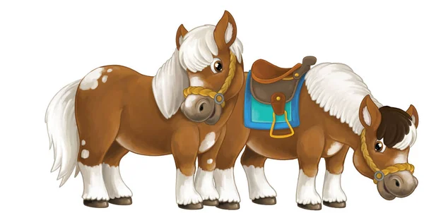 Cartoon Happy Pair Van Paarden Loopt Springen Glimlachen Kijken Artistieke — Stockfoto