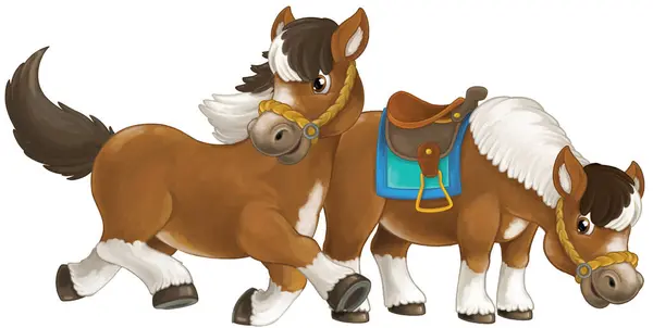 馬の漫画ハッピーペアが笑顔でジャンプして見ている アーティスティックスタイル 子供のためのイラスト — ストック写真