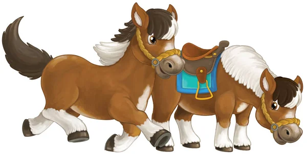 馬の漫画ハッピーペアが笑顔でジャンプして見ている アーティスティックスタイル 子供のためのイラスト — ストック写真