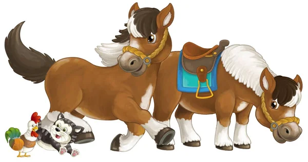 Desenhos Animados Feliz Par Cavalos Está Correndo Pulando Sorrindo Olhando — Fotografia de Stock