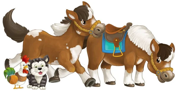 Cartoon Happy Pair Van Paarden Loopt Springen Glimlachen Zoek Met — Stockfoto